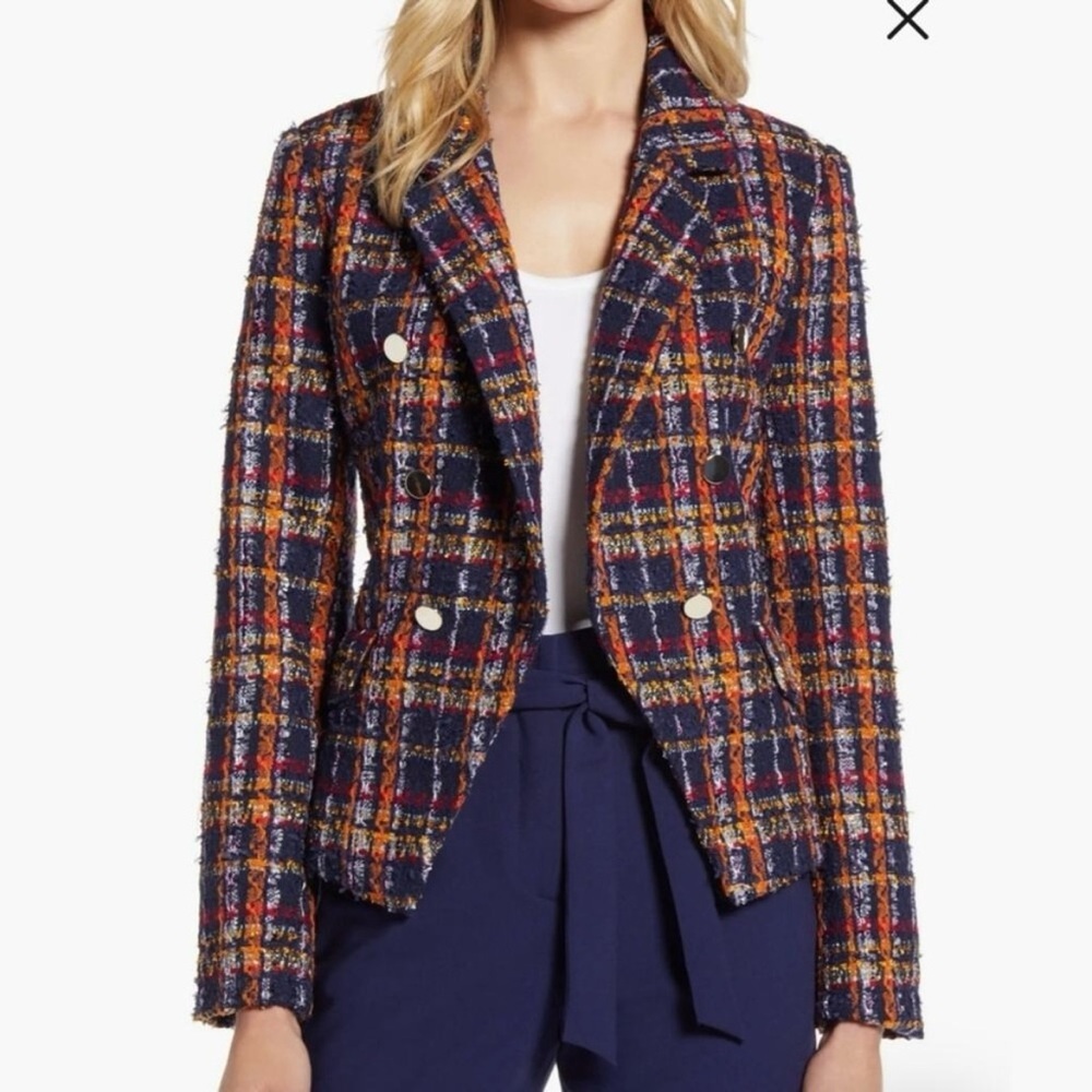 Halogen Tweed Double Breasted Blazer Plaid 12 Office Colorful Work Career
